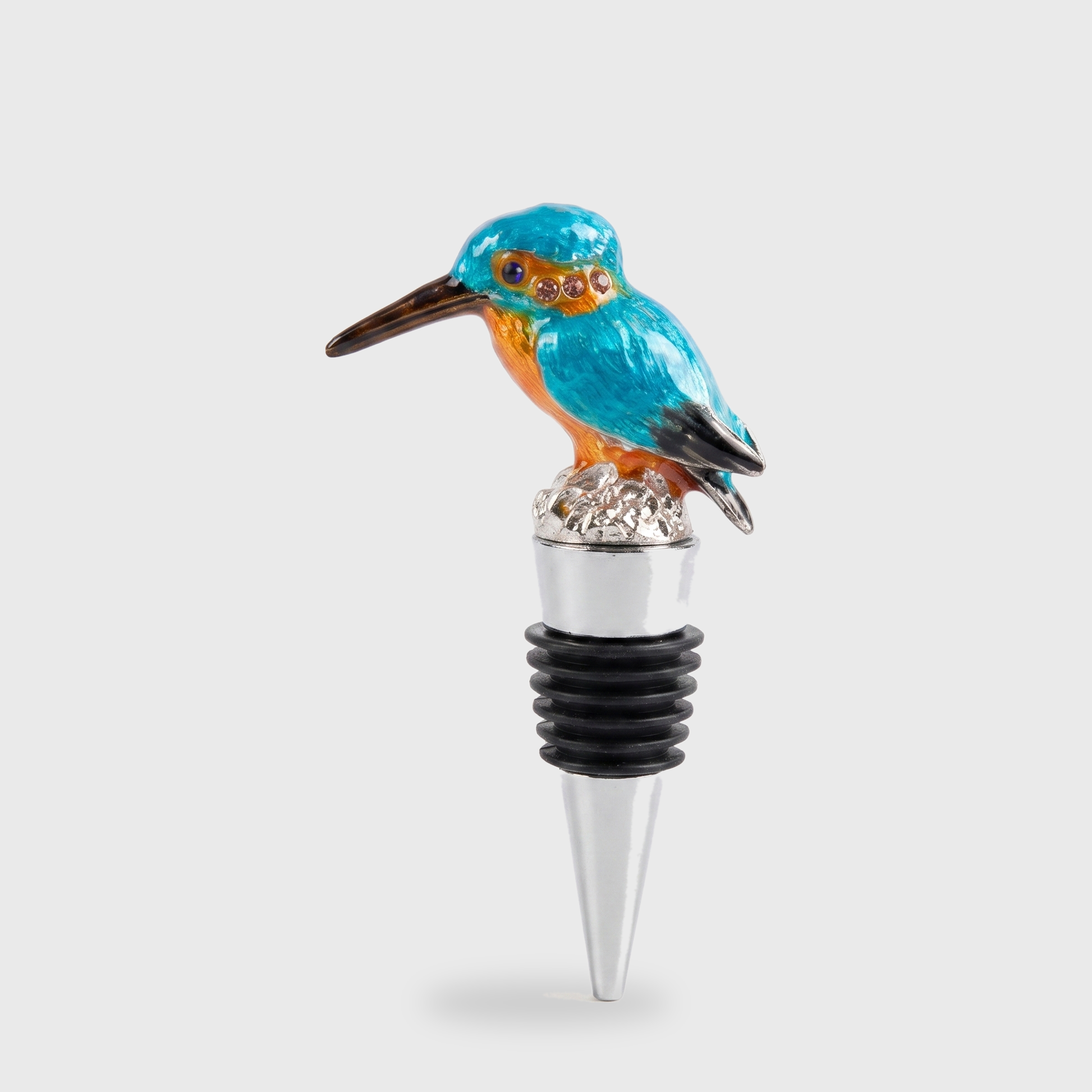 Kingfisher enamel bird wine bottle stopper with a silver finish on a clean off-white background