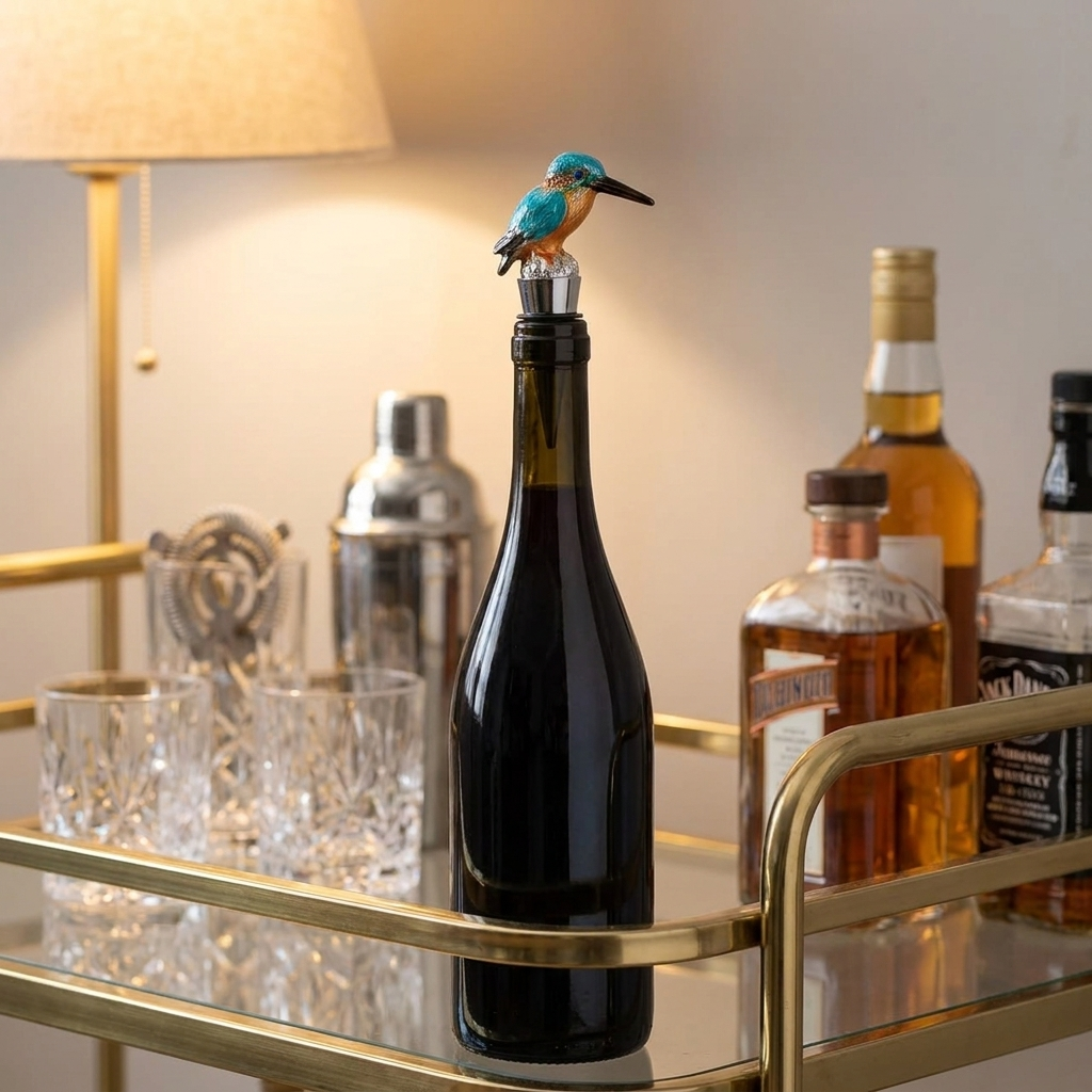Bird wine bottle stopper on a wine bottle styled on a bar cart