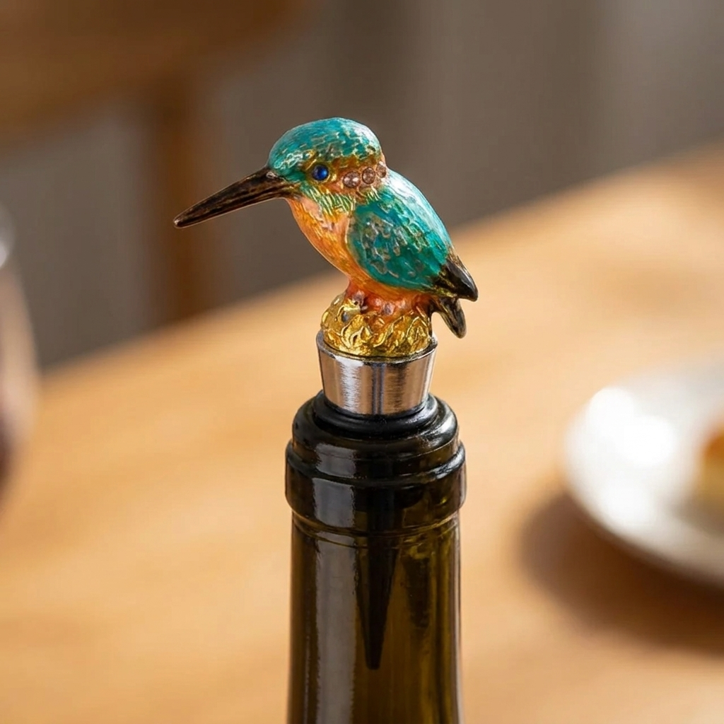 Close-up of a kingfisher enamel bird wine bottle stopper on a wine bottle