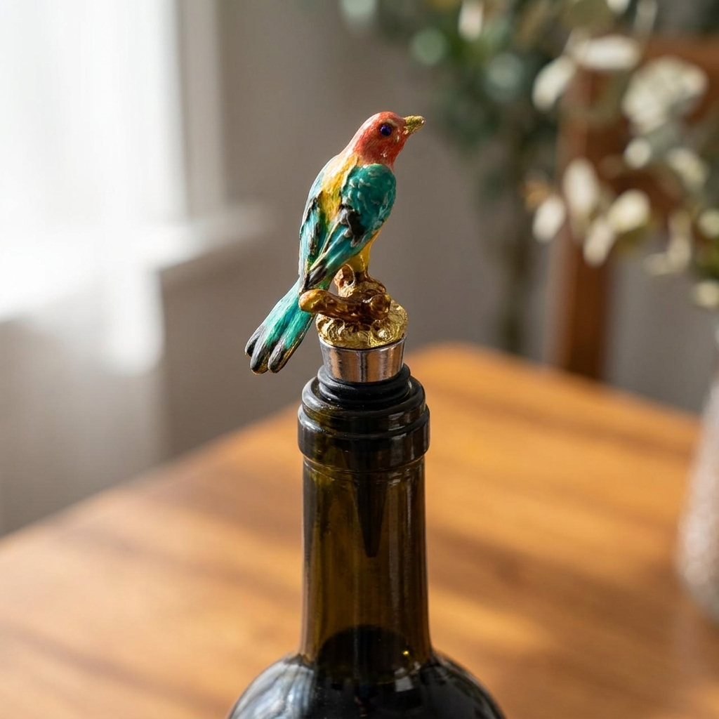 Close-up of a magpie enamel bird wine bottle stopper on a wine bottle