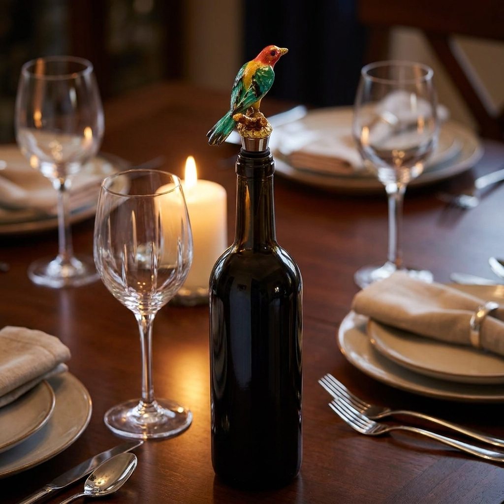 Bird wine bottle stopper on a wine bottle at an elegant candlelit dinner table