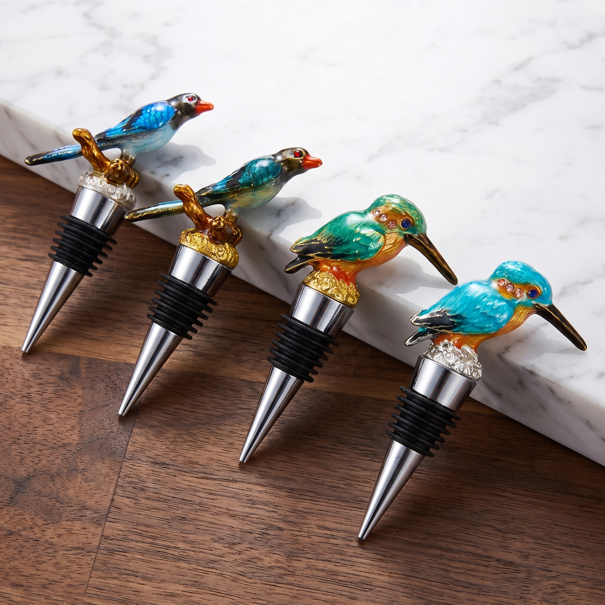 All four bird wine bottle stopper styles displayed on wine bottles in a kitchen