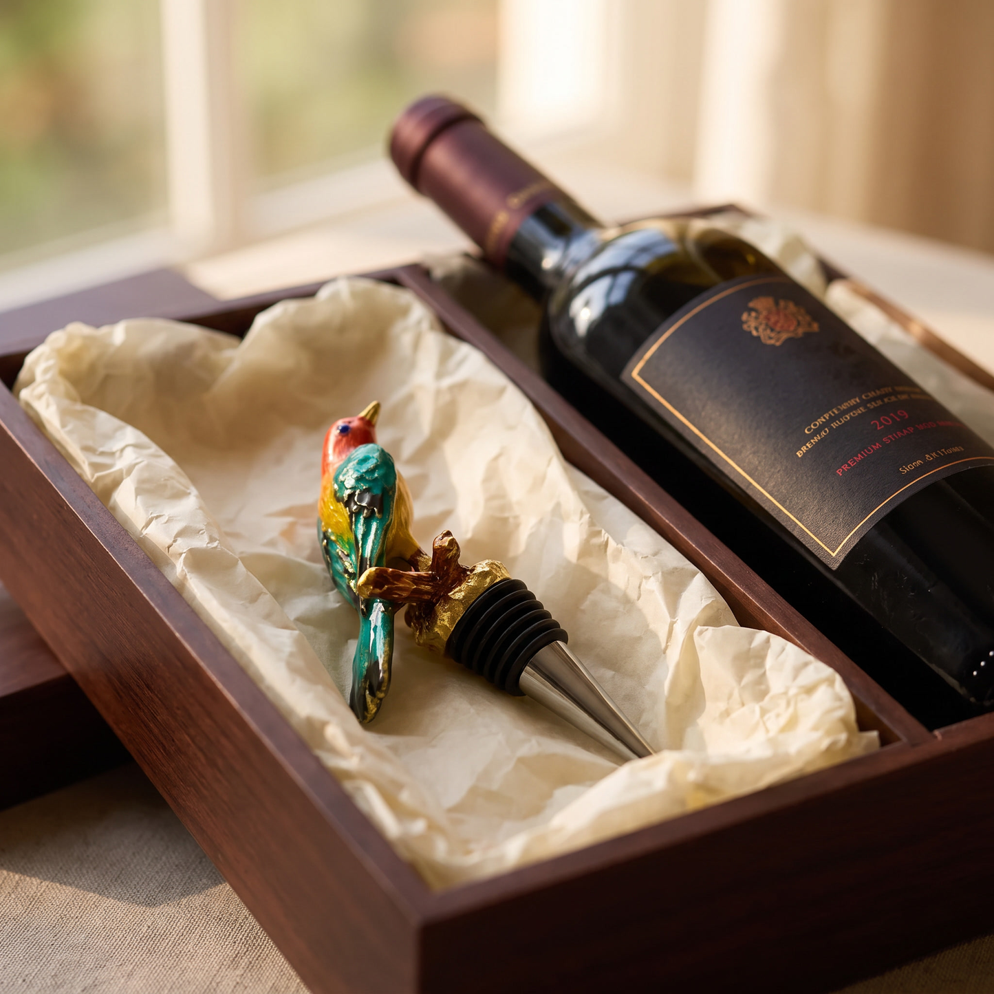 Bird wine bottle stopper presented in a gift box beside a wine bottle