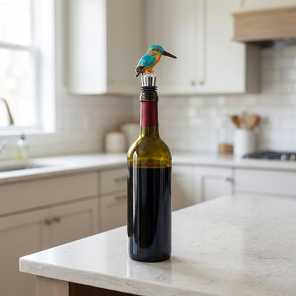 Kingfisher bird wine bottle stopper on a wine bottle in a bright kitchen