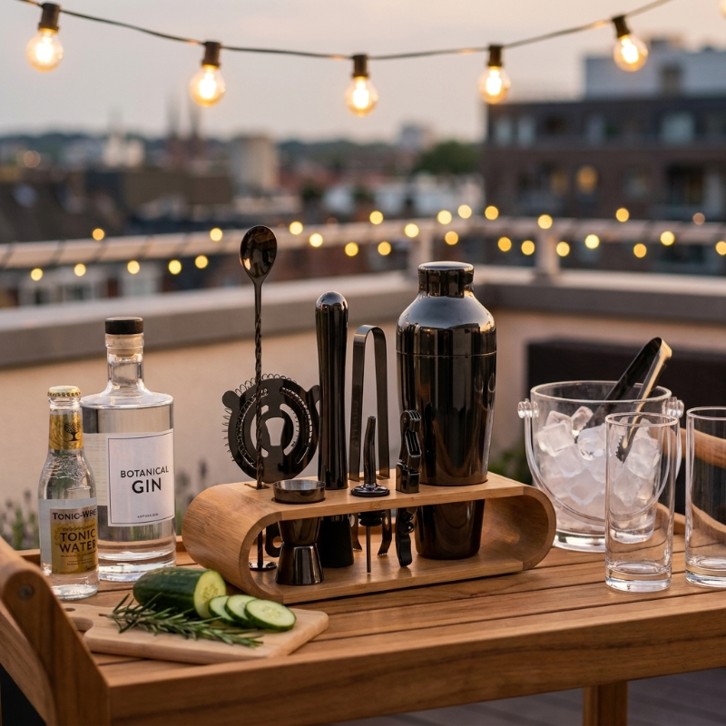 10-piece cocktail bar tool set on outdoor table with bottles and glassware