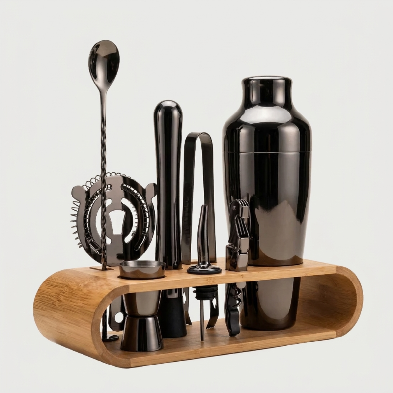10-piece cocktail bar tool set in black finish with wooden stand
