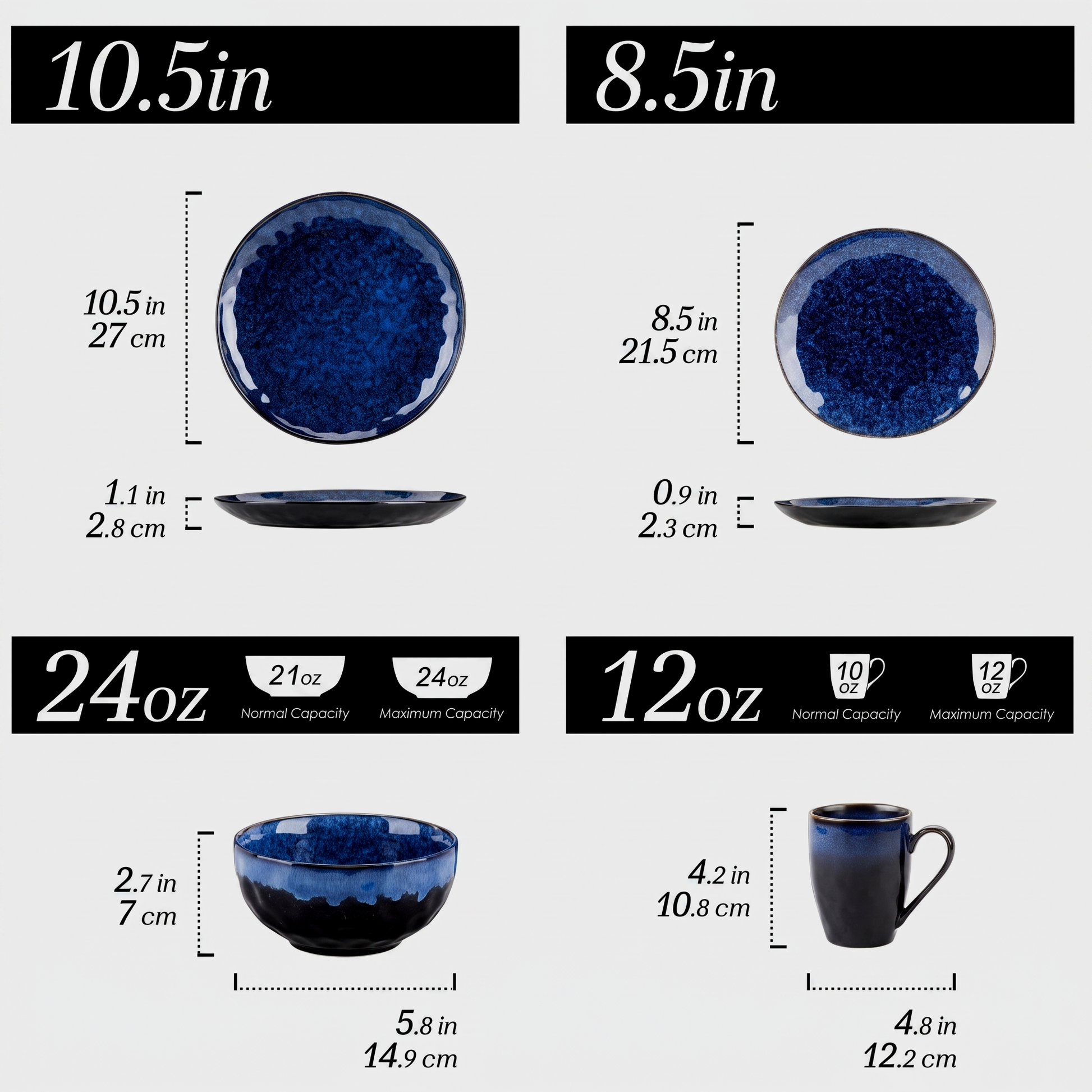 Black and blue glazed dinnerware dimensions diagram showing dinner plate 10.5 in / 27 cm, salad plate 8.5 in / 21.5 cm, bowl 24 oz, and mug 12 oz