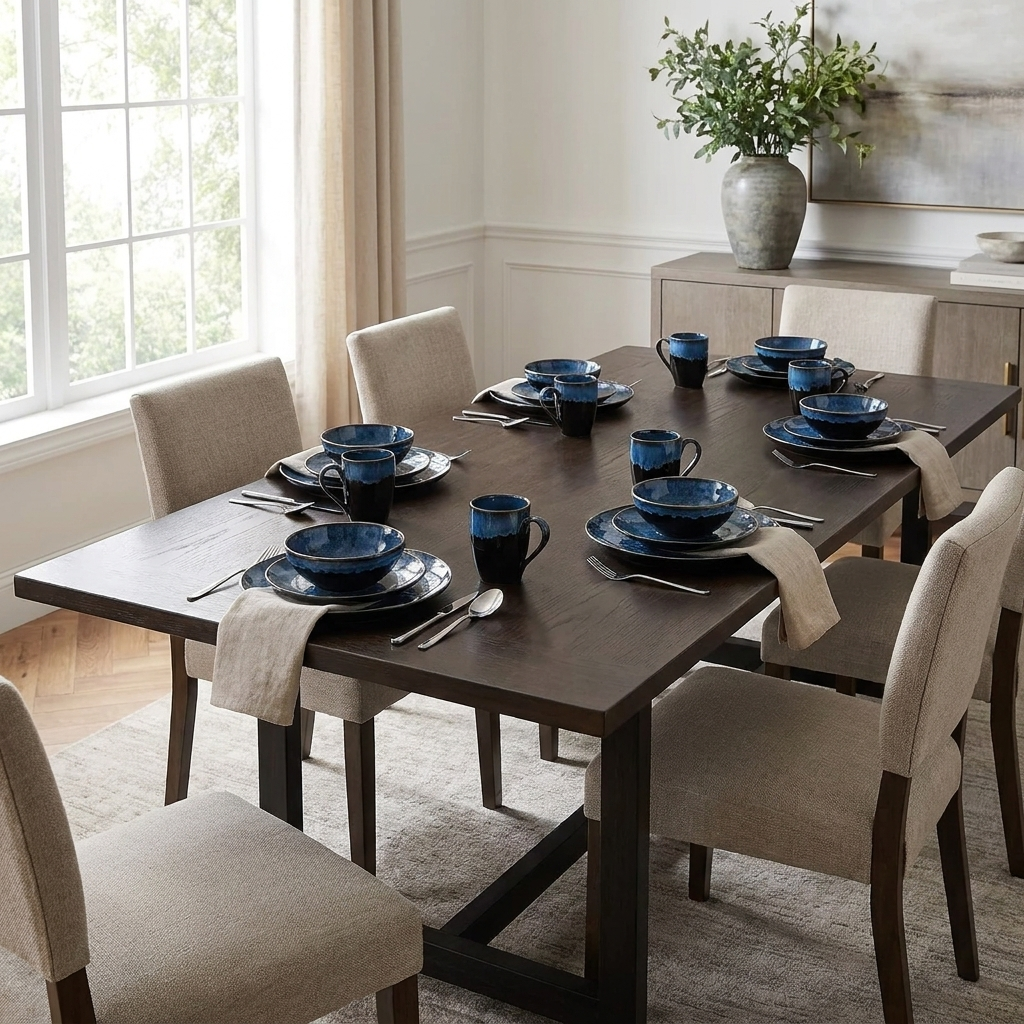 Black and blue glazed ceramic dinnerware set on a table in a modern dining room