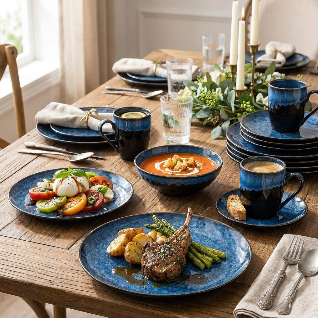 Black and blue glazed ceramic dinner plates and bowls served with food at a dinner table
