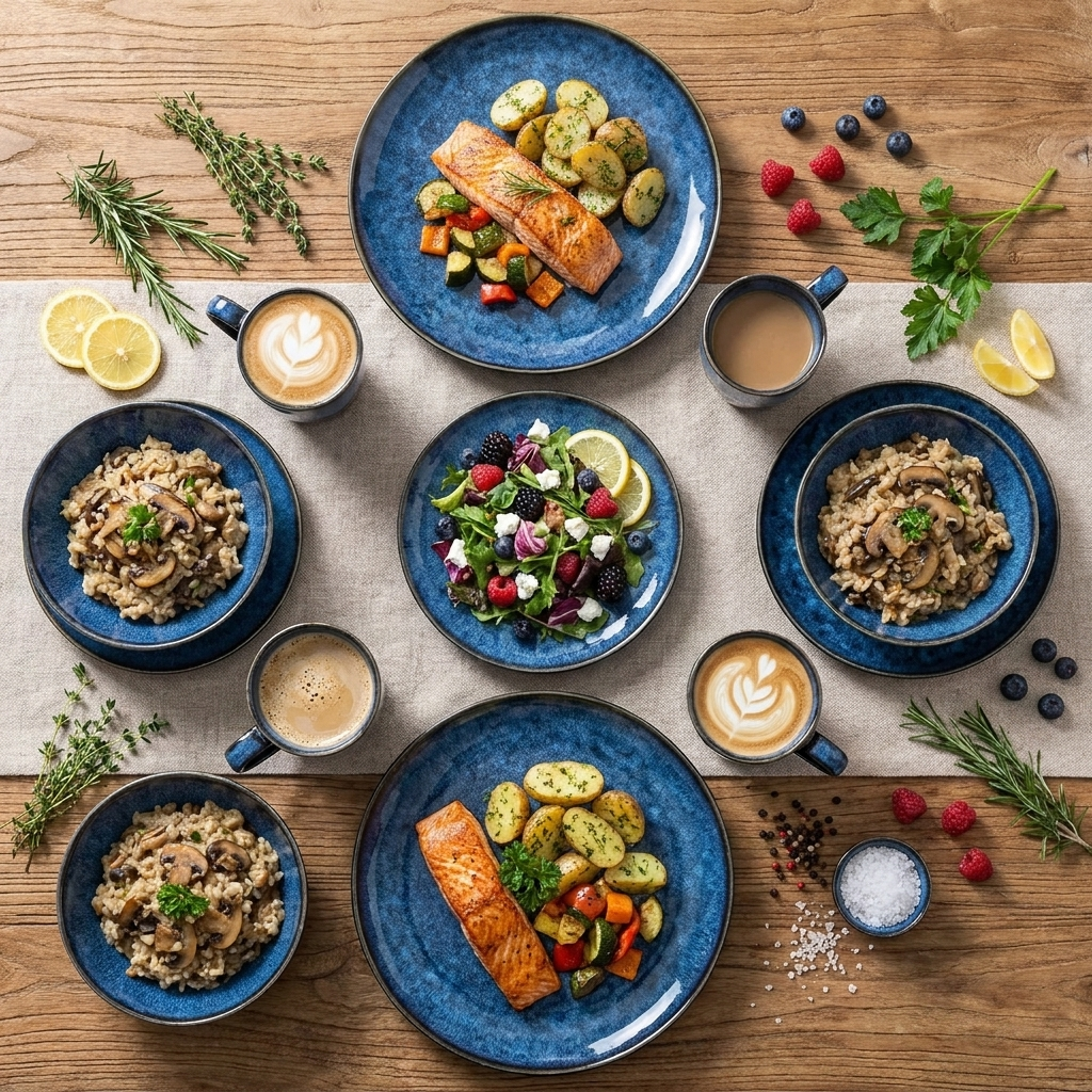 Overhead flat lay of black and blue glazed ceramic plates and bowls filled with food