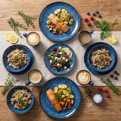 Overhead flat lay of black and blue glazed ceramic plates and bowls filled with food
