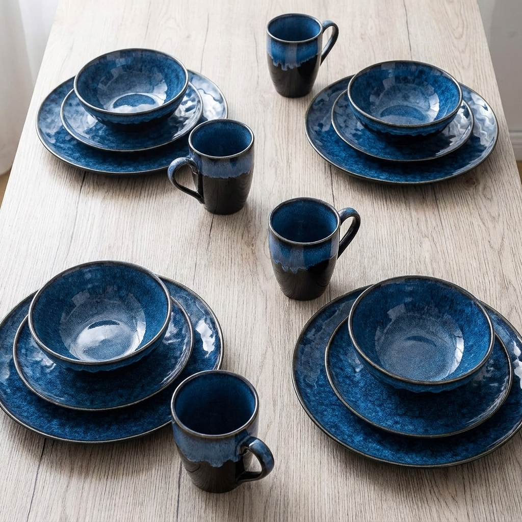 Overhead view of the black and blue glazed ceramic dinnerware set arranged on a wood table