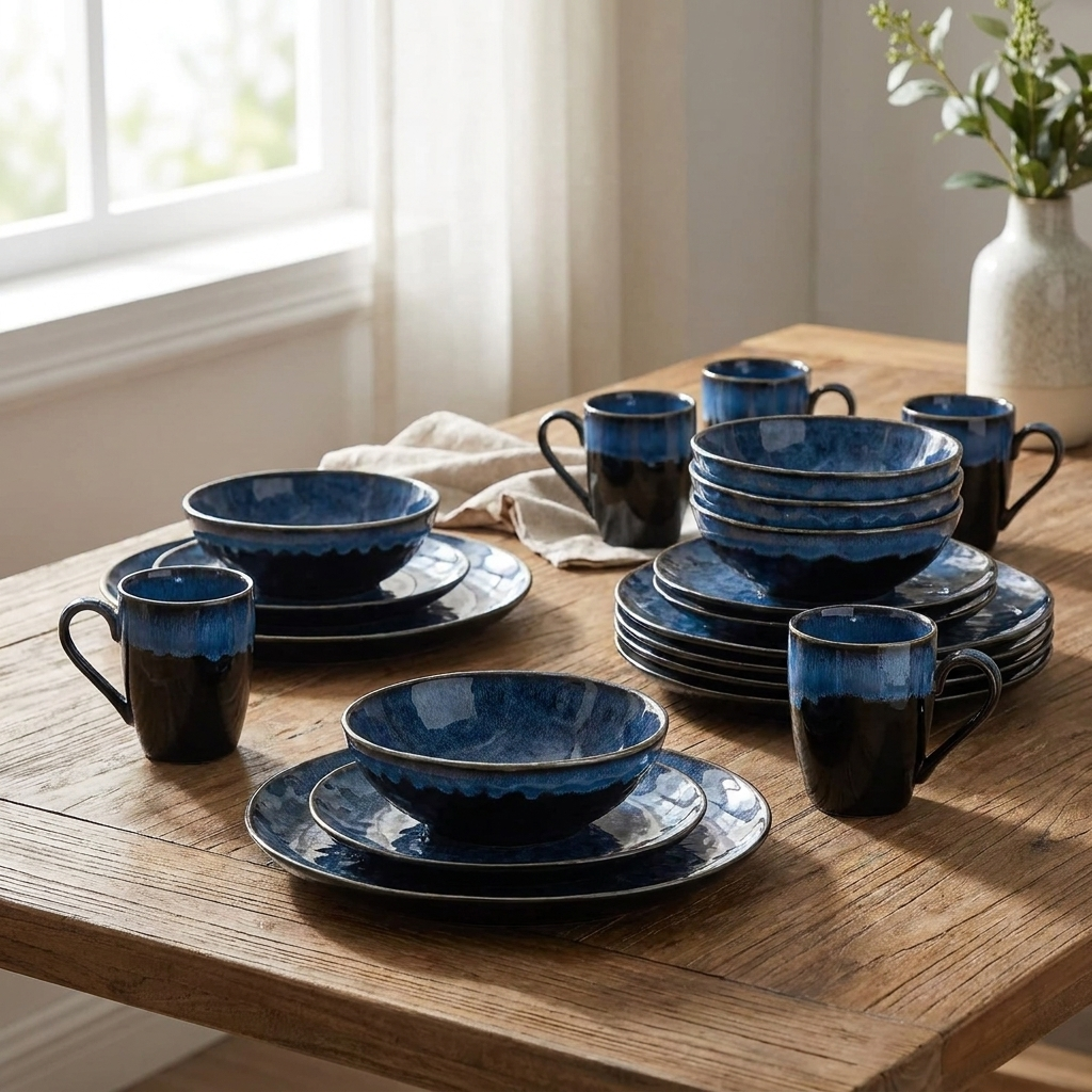Black and blue glazed ceramic dinnerware place setting styled on a wood dining table