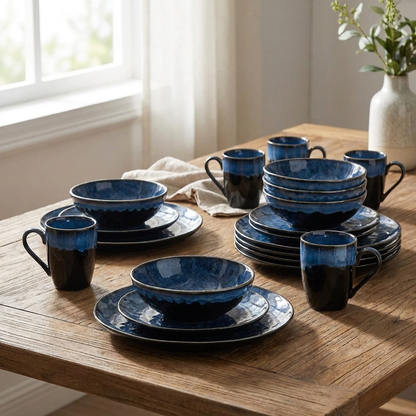Black and blue glazed ceramic dinnerware place setting styled on a wood dining table
