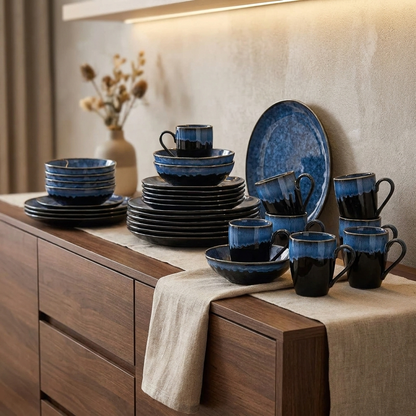 Black and blue glazed ceramic dinnerware displayed on a wood sideboard
