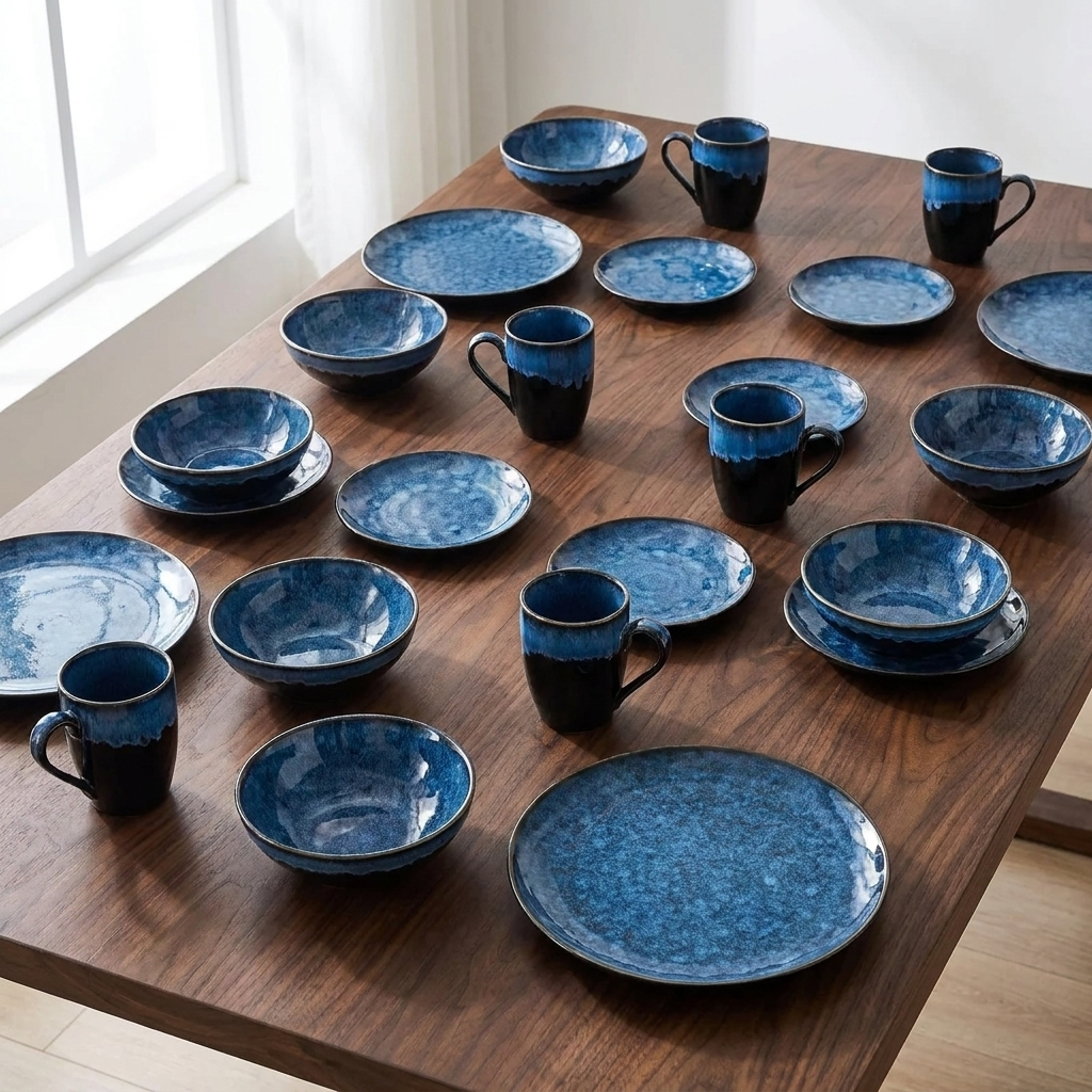 Black and blue glazed ceramic dinnerware spread across a set dining table