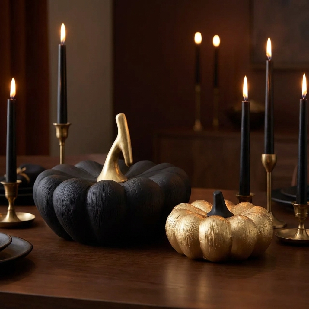 Black and gold decorative pumpkins with black taper candles in a moody fall display