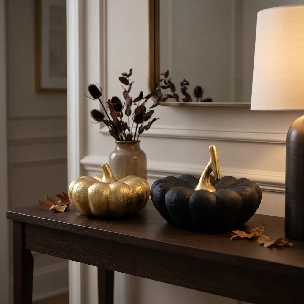 Black and gold decorative pumpkins styled on a console table with a mirror and autumn accents