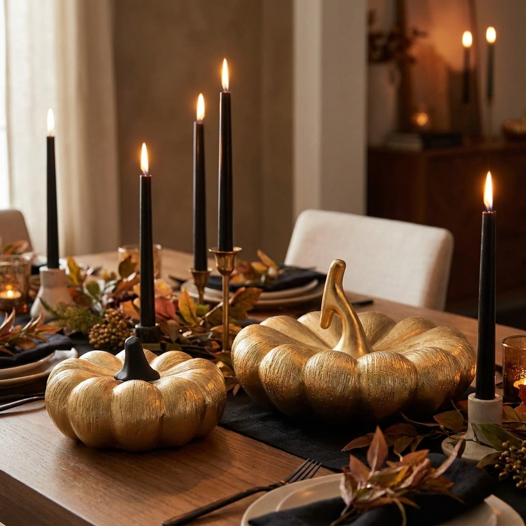 Black and gold decorative pumpkins on a dining table with candles for a fall table setting