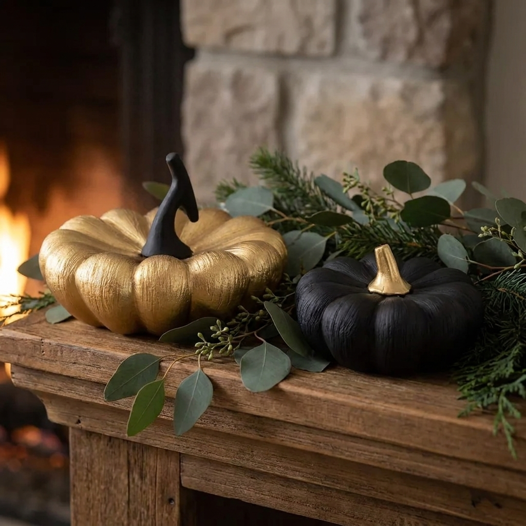 Black and gold decorative pumpkins styled on a fireplace mantel with greenery