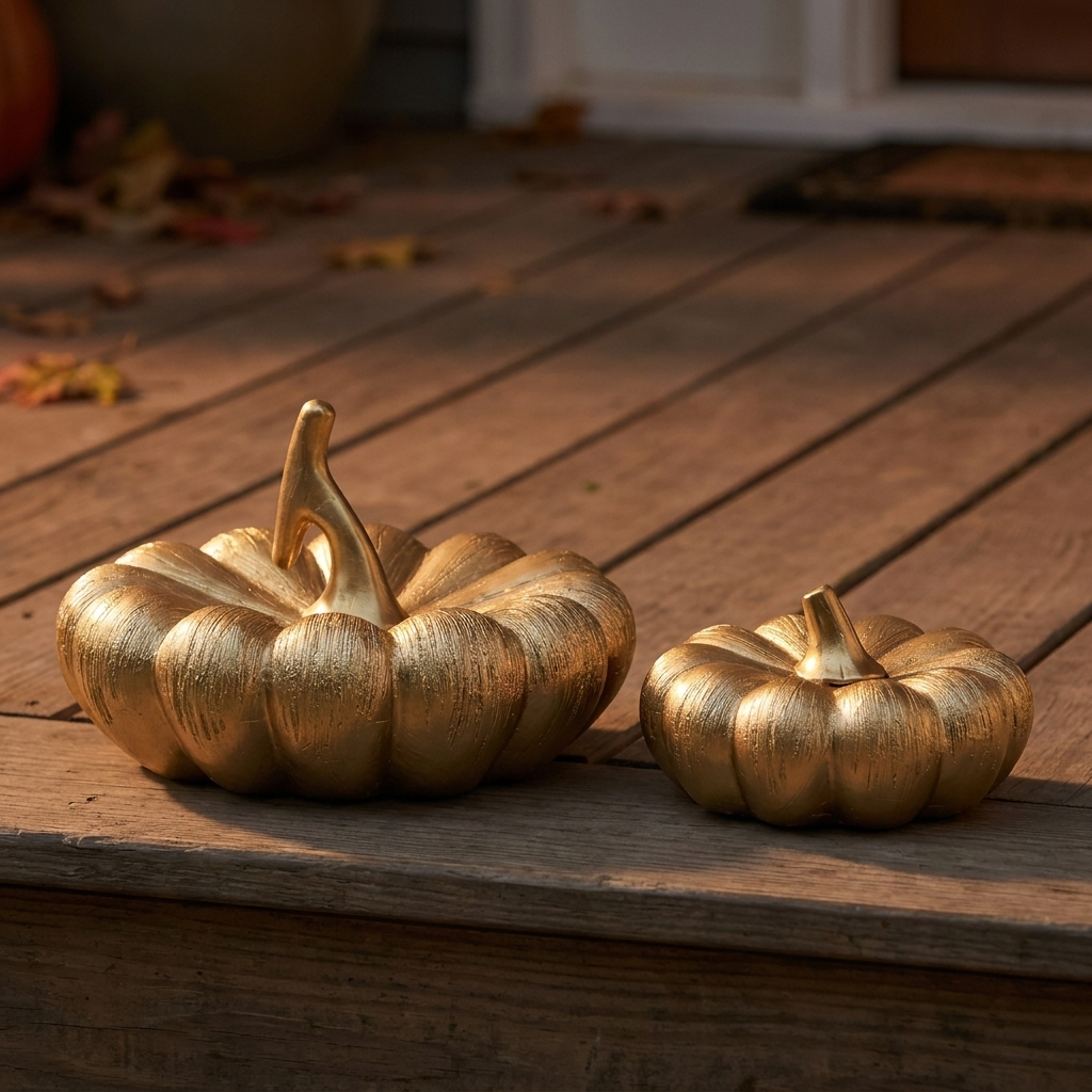 Black and gold decorative pumpkins styled on a front porch for autumn