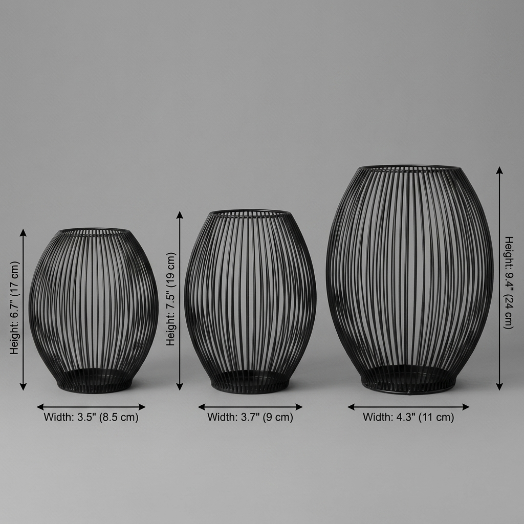 Black iron candleholders dimensions diagram showing three sizes: heights 6.7 in / 17 cm and 7.5 in / 19 cm with widths 3.5 in, 3.7 in, and 4.3 in