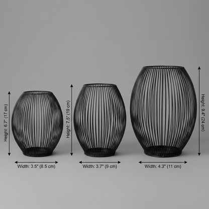 Black iron candleholders dimensions diagram showing three sizes: heights 6.7 in / 17 cm and 7.5 in / 19 cm with widths 3.5 in, 3.7 in, and 4.3 in