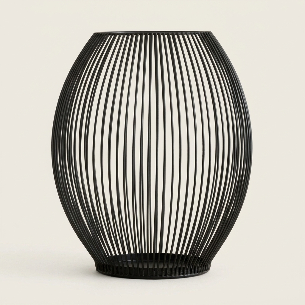 Tall black iron wire cage candleholder with a lit candle on a clean off-white background
