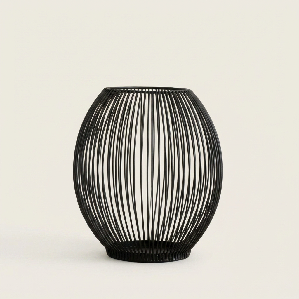 Black iron wire cage candleholder with a lit candle on a clean off-white background