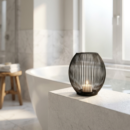 Small black iron wire candleholder with a lit candle in a modern bathroom