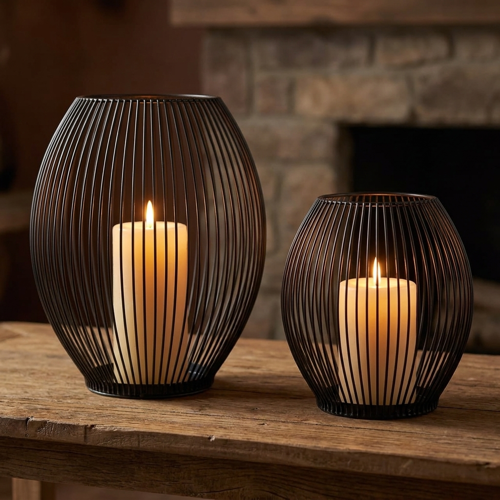 Black iron wire candleholders with lit candles on a console by a fireplace