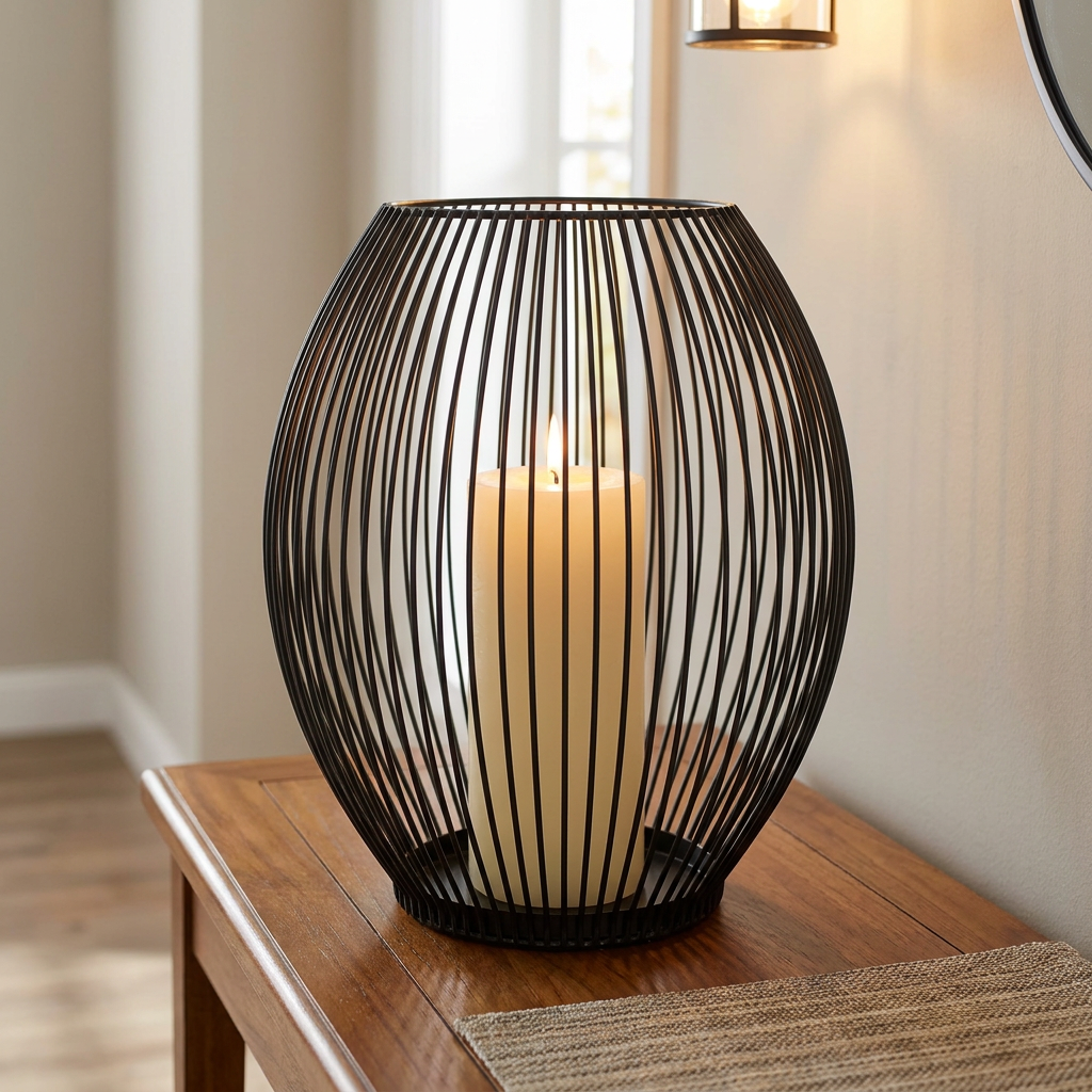 Black iron wire candleholder with a lit candle on a console table