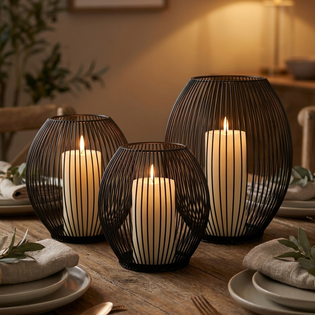 Black iron wire candleholders with lit candles on a dining table