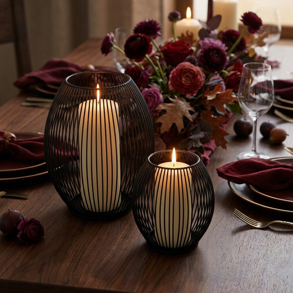 Black iron wire candleholders with candles on a dinner table with autumn flowers