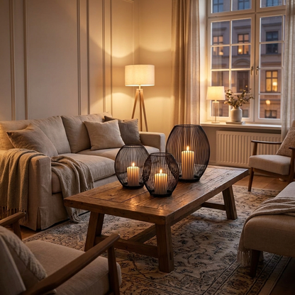 Black iron wire candleholders with lit candles on a living room coffee table