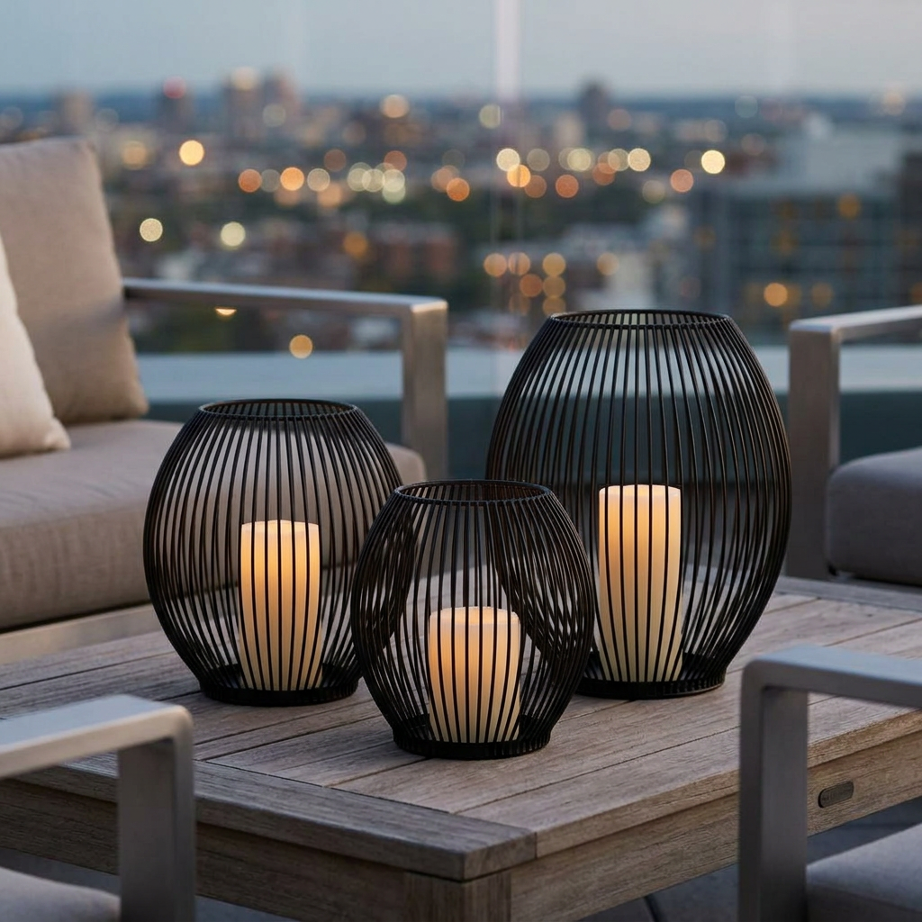 Black iron wire candleholders with candles on an outdoor patio with a city view