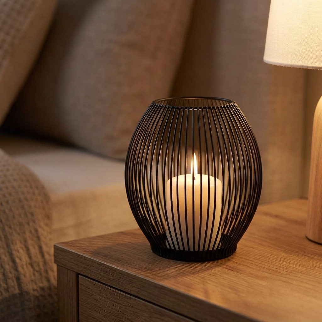 Black iron wire candleholder with a lit candle on a wood side table