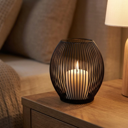 Black iron wire candleholder with a lit candle on a wood side table