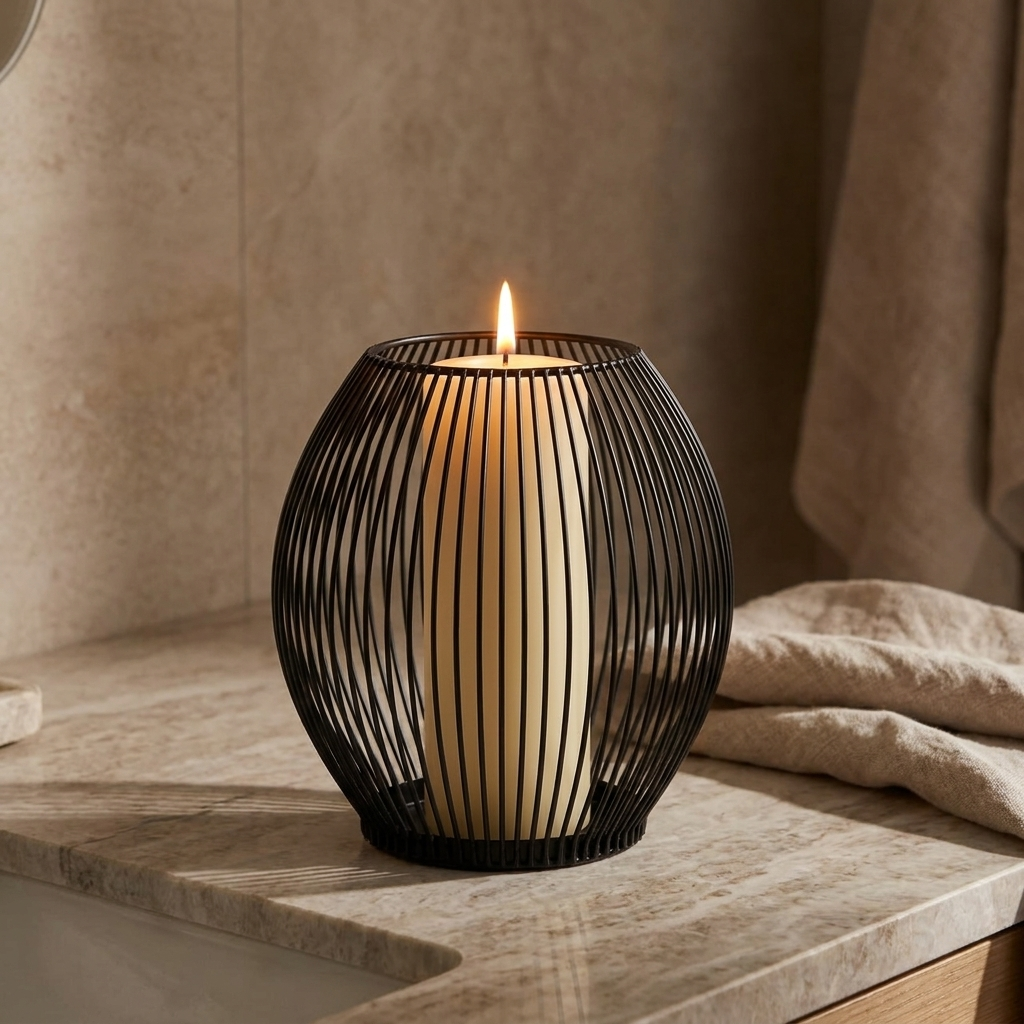 Black iron wire candleholder with a lit candle on a stone ledge