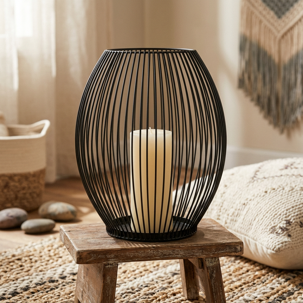 Black iron wire candleholder with a lit candle on a wood stool