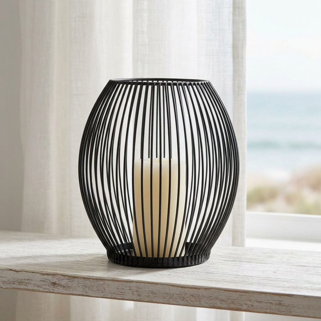 Black iron wire candleholder with a lit candle on a windowsill with a beach view