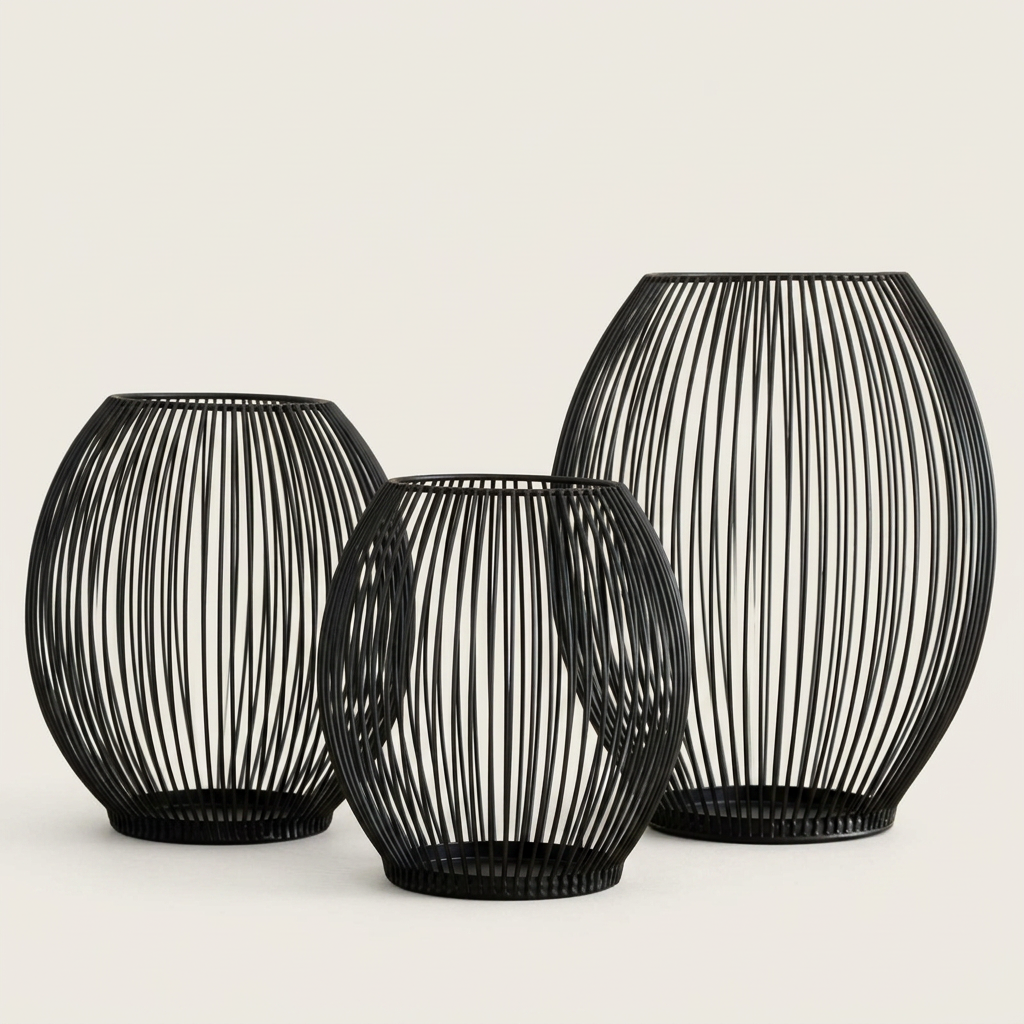 Set of three black iron wire candleholders in small, medium, and large sizes on a clean off-white background