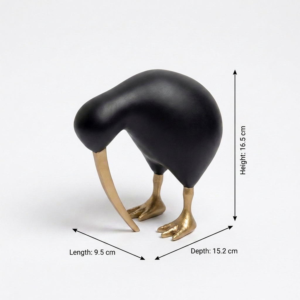 Black Kiwi Bird Sculpture dimensions: 16.5 cm height, 9.5 cm length, 15.2 cm depth