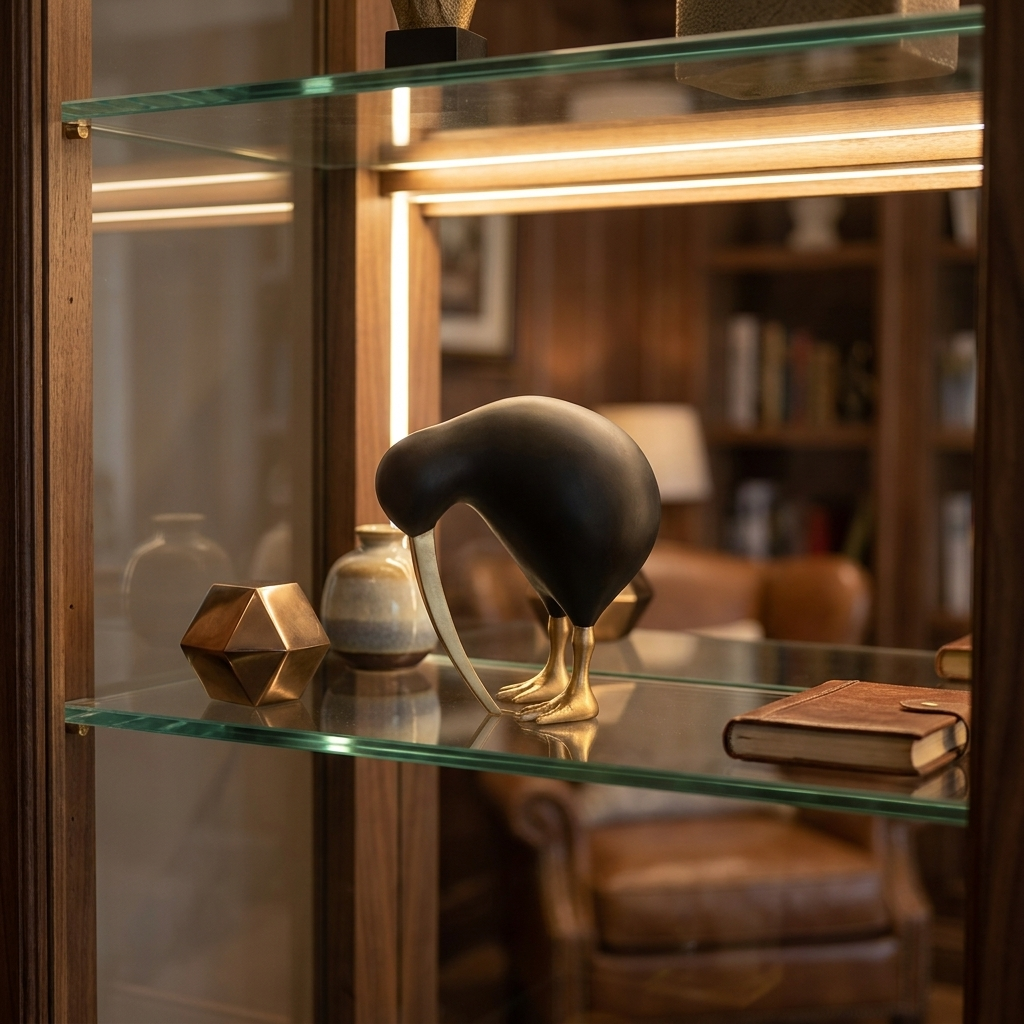 Black Kiwi Bird Sculpture on a glass shelf in a curio cabinet next to a book and small decor objects