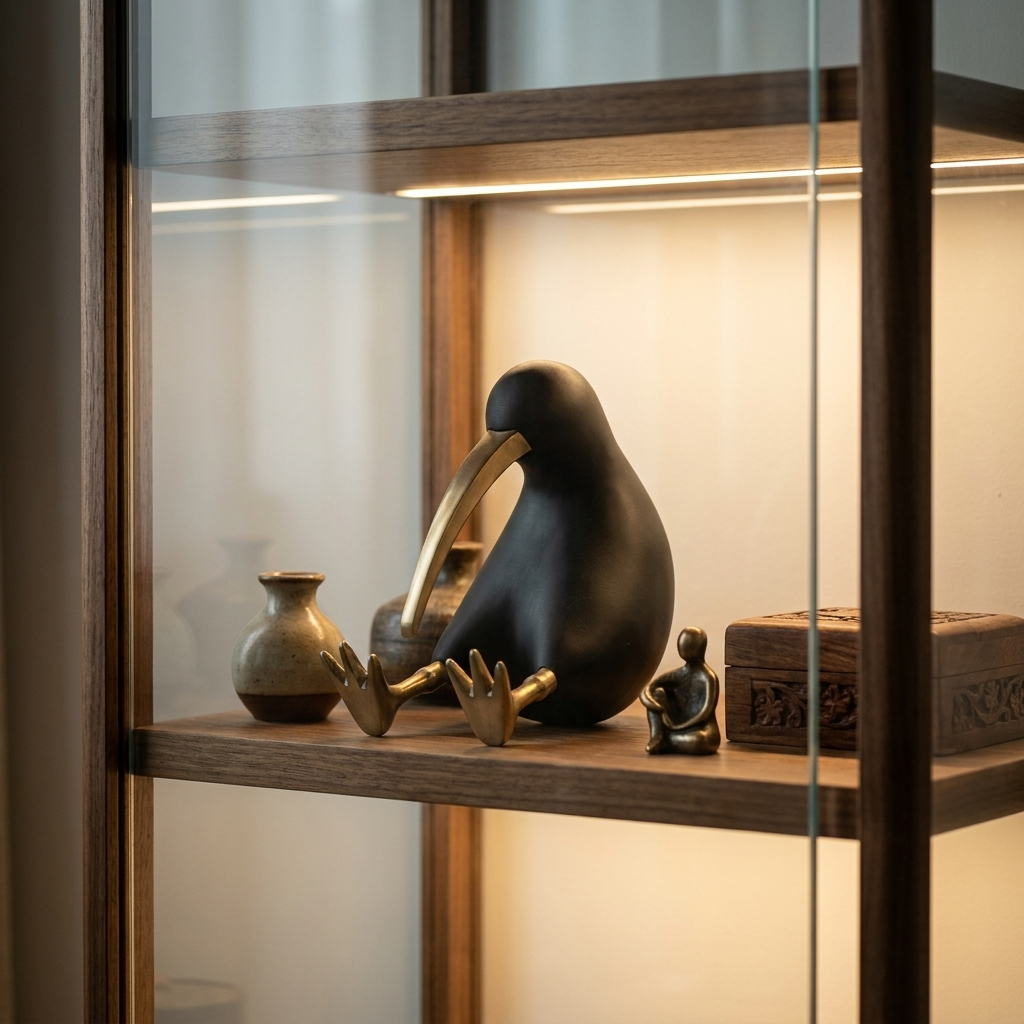 Black Kiwi Bird Sculpture in a curio cabinet next to a carved wooden box and small figurine