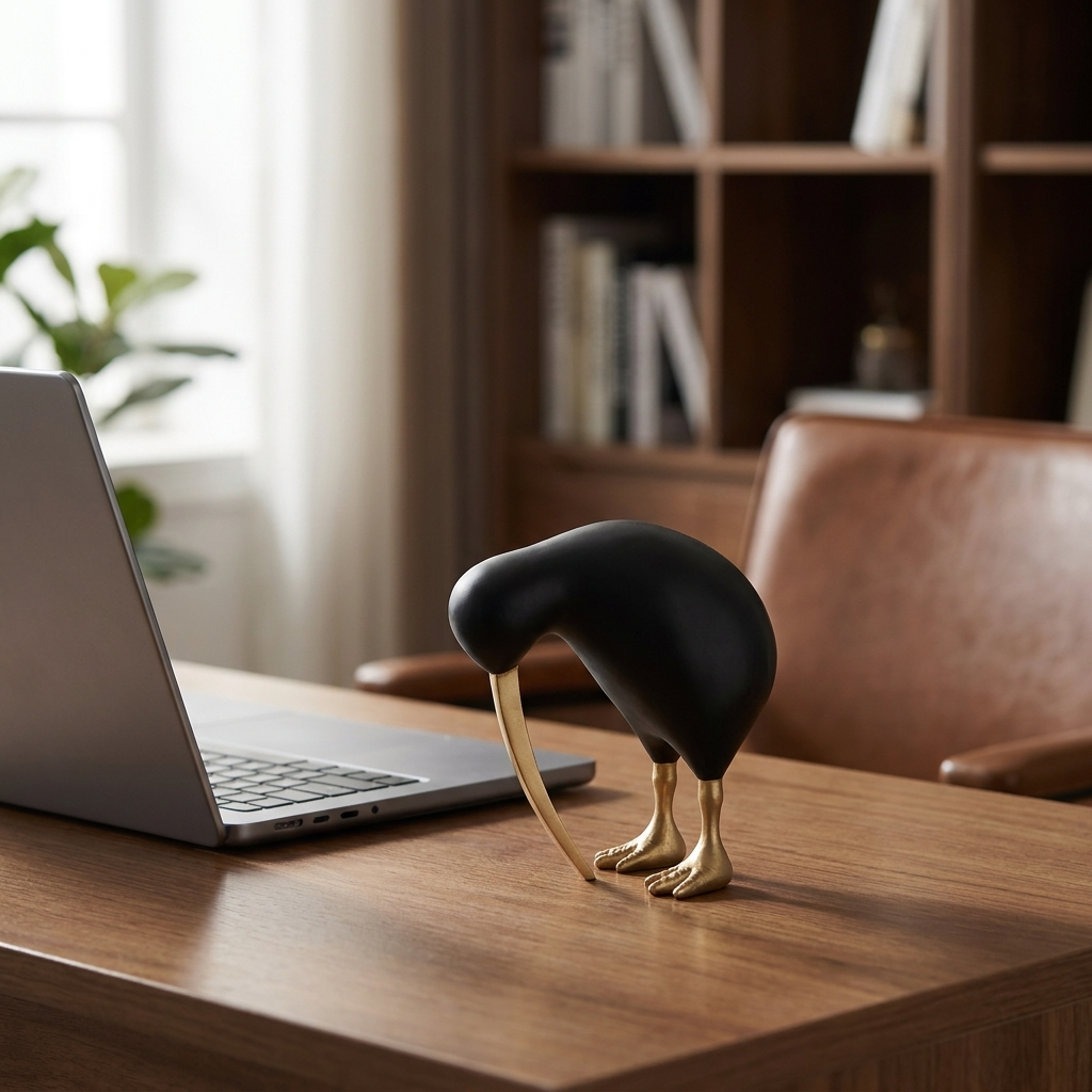 Black Kiwi Bird Sculpture displayed on a desk next to a laptop