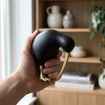 Black Kiwi Bird Sculpture held in a hand to show its compact size