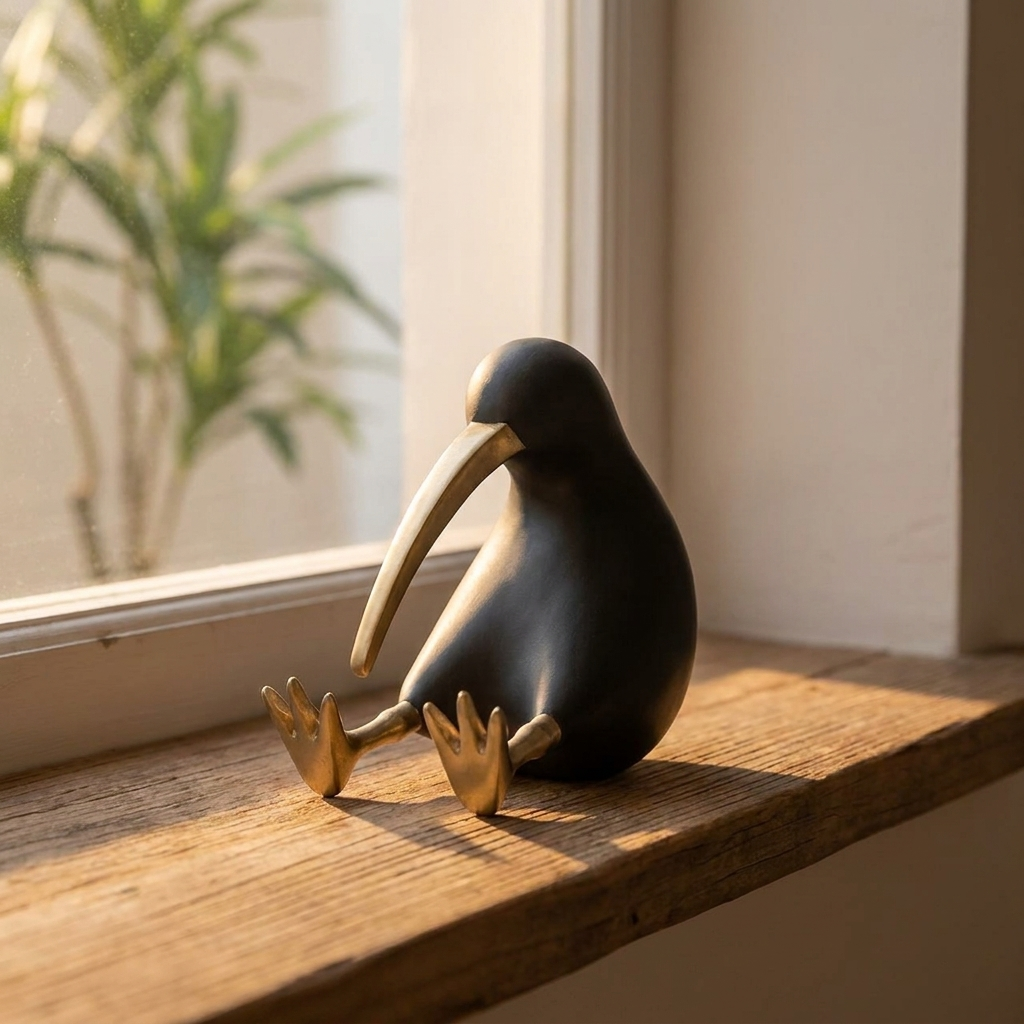 Black Kiwi Bird Sculpture sitting on a wood windowsill in natural light