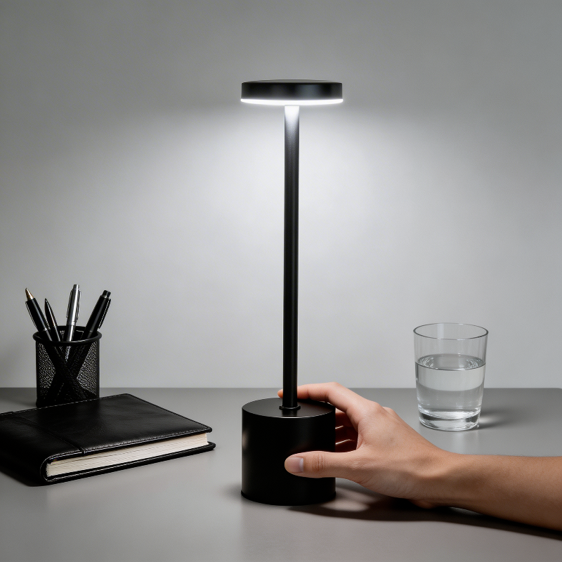 Luca touch table lamp in black shown being touched