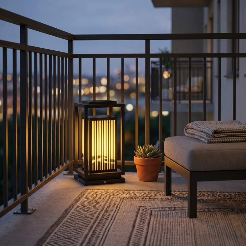 Black metal LED solar outdoor lantern on balcony beside lounge chair at dusk